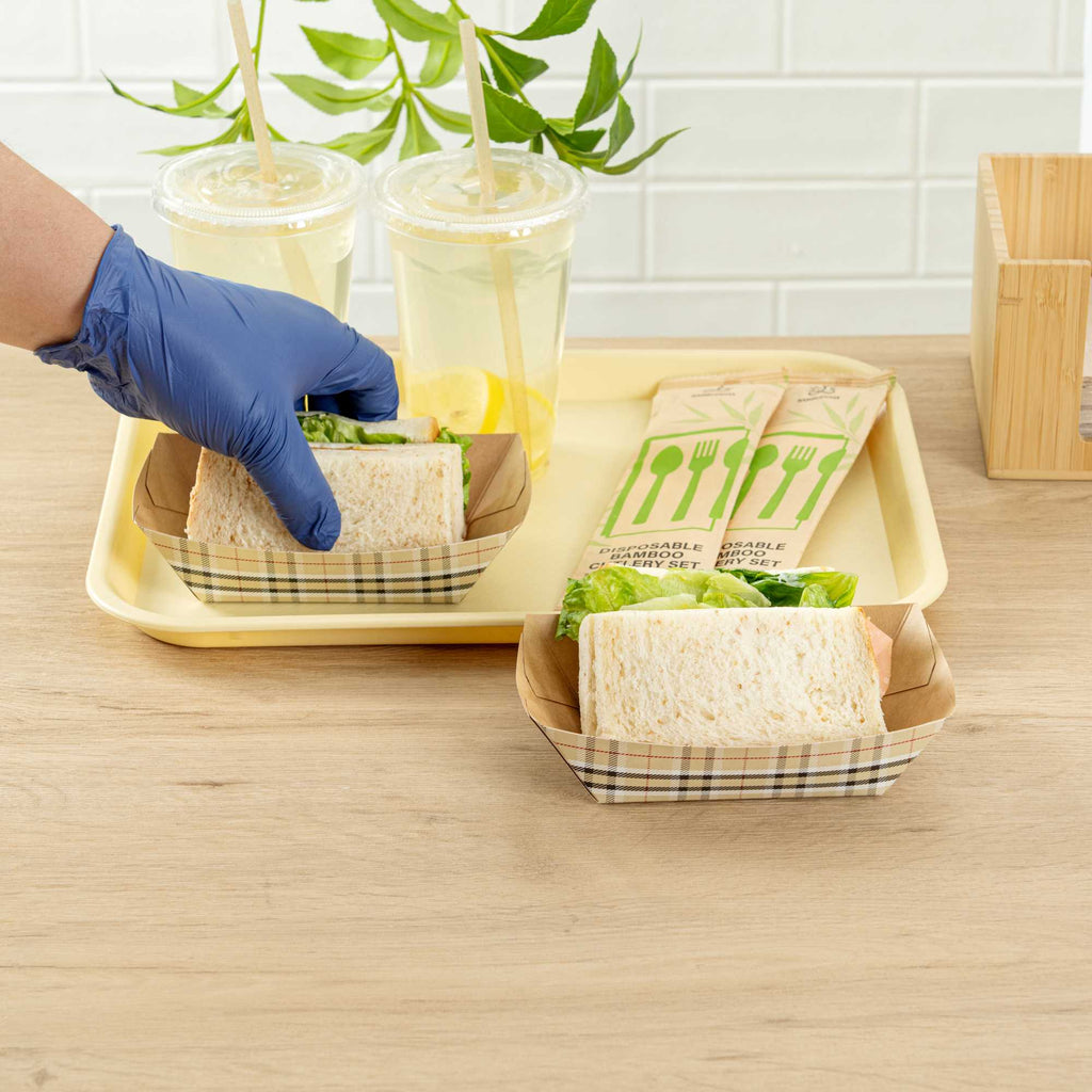 Bio Tek 1/2 lb Plaid Paper #50 Food Tray / Boat - 4 1/4" x 2 3/4" x 1 1/2" - 50 count box