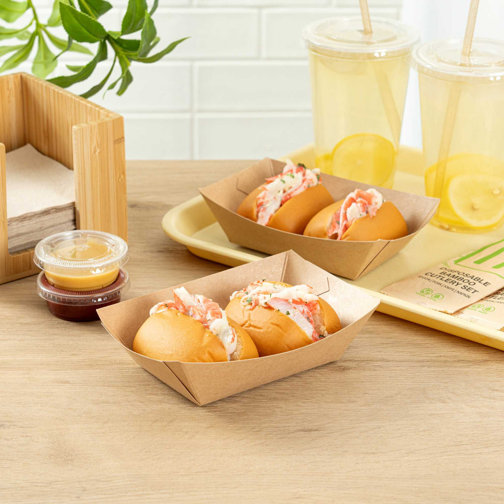 Bio Tek 1/2 lb Kraft Paper #50 Food Tray / Boat - 4 1/4" x 2 3/4" x 1 1/2" - 50 count box