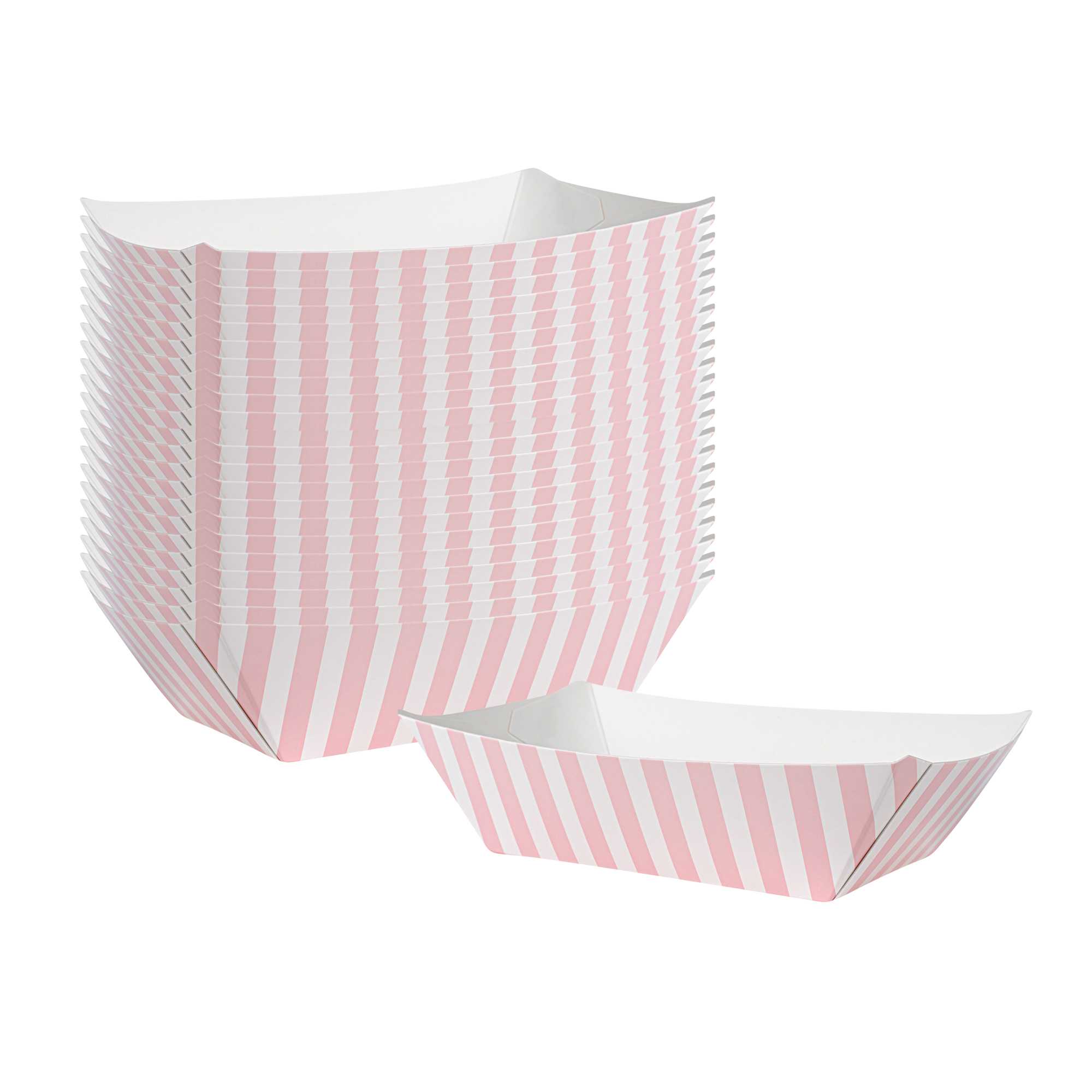 Bio Tek 1/2 lb Pink and White Stripe Paper #50 Food Tray / Boat - 4 1/4" x 2 3/4" x 1 1/2" - 50 count box
