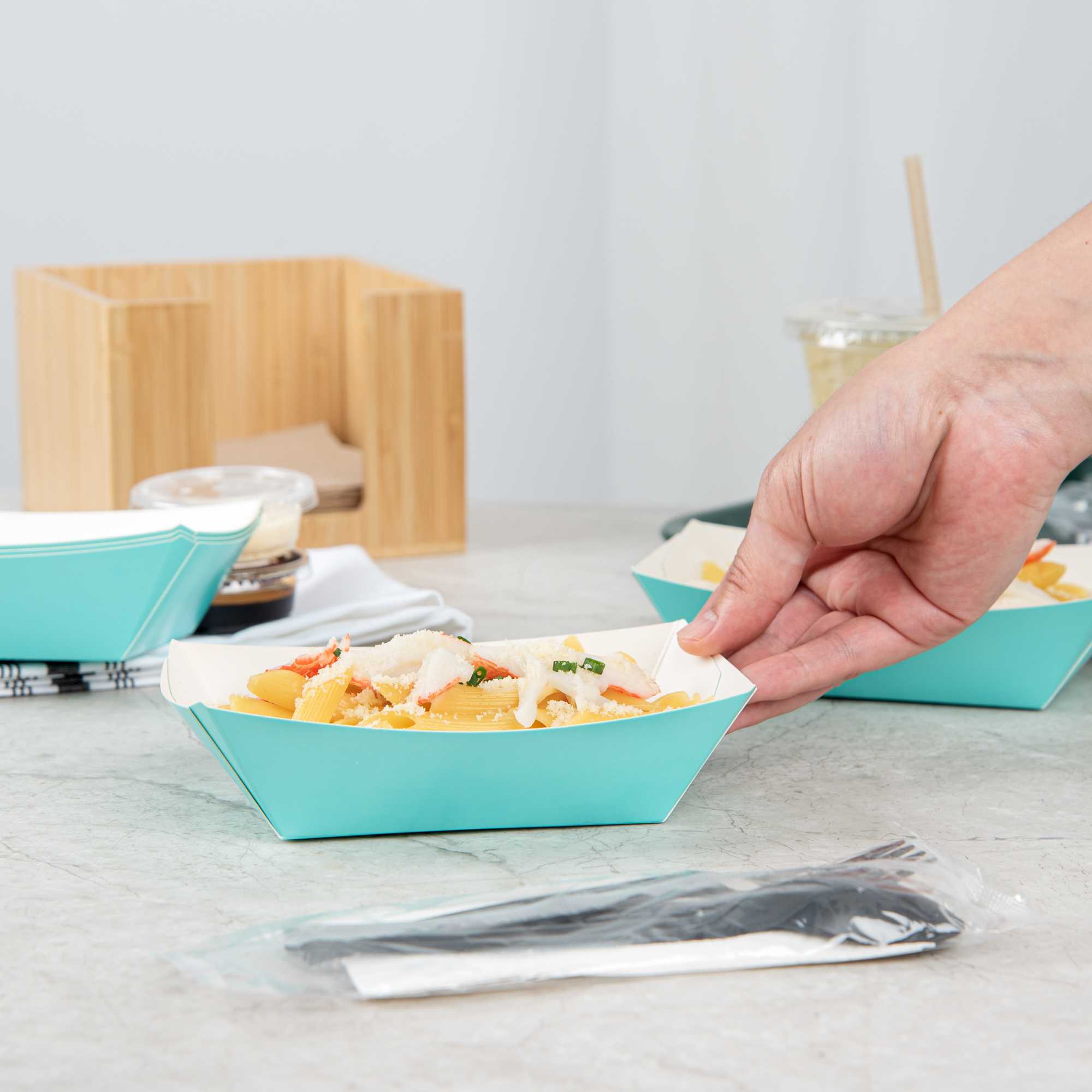 Bio Tek 1/2 lb Turquoise Paper #50 Food Tray / Boat - 4 1/4" x 2 3/4" x 1 1/2" - 50 count box