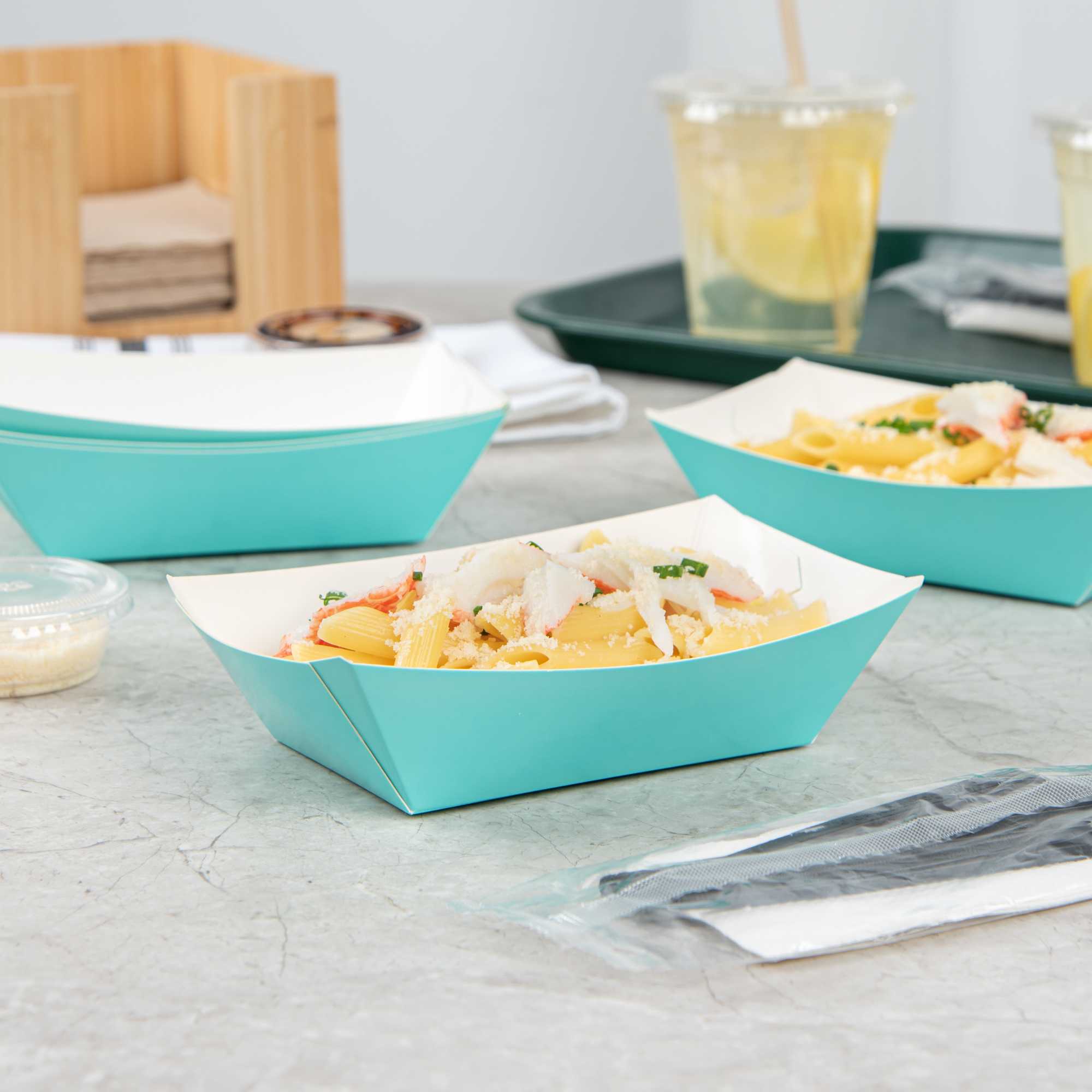 Bio Tek 1/2 lb Turquoise Paper #50 Food Tray / Boat - 4 1/4" x 2 3/4" x 1 1/2" - 50 count box