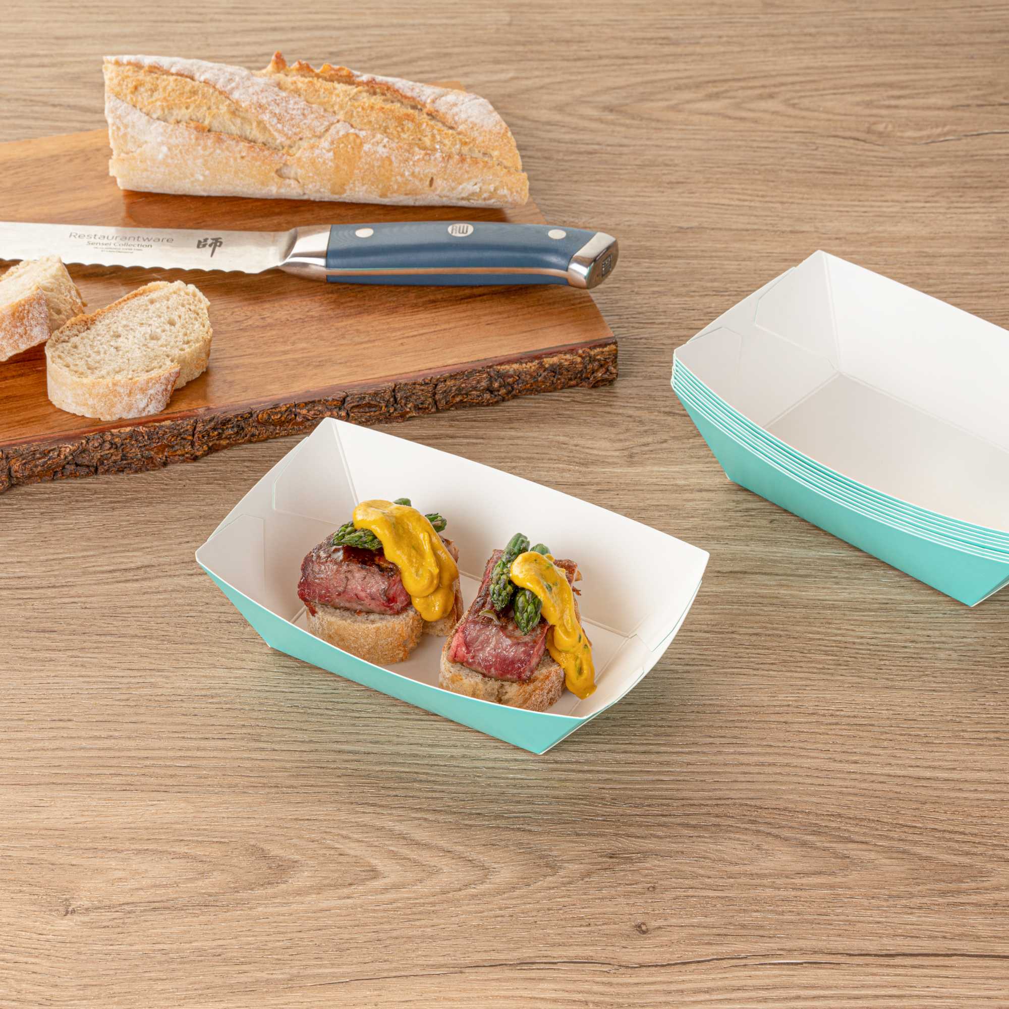 Bio Tek 1/2 lb Turquoise Paper #50 Food Tray / Boat - 4 1/4" x 2 3/4" x 1 1/2" - 400 count box
