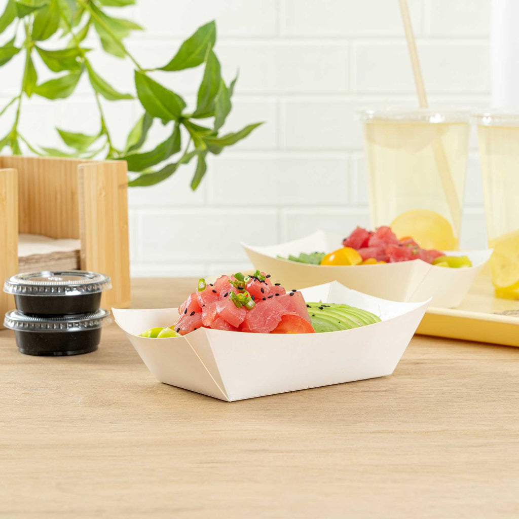 Bio Tek 1/2 lb White Paper #50 Food Tray / Boat - 4 1/4" x 2 3/4" x 1 1/2" - 50 count box