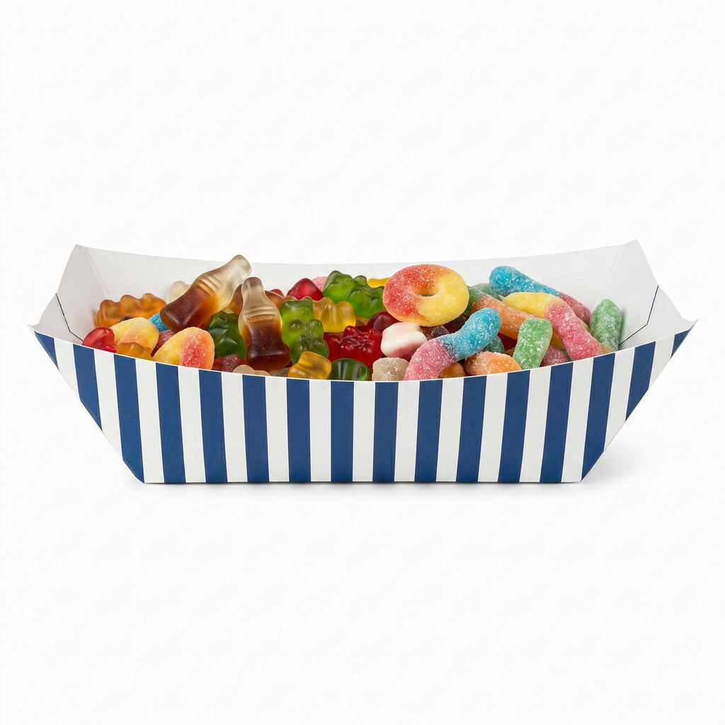 Bio Tek 1 lb Blue and White Stripe Paper #100 Food Tray / Boat - 5 1/2" x 3 1/2" x 2" - 200 count box