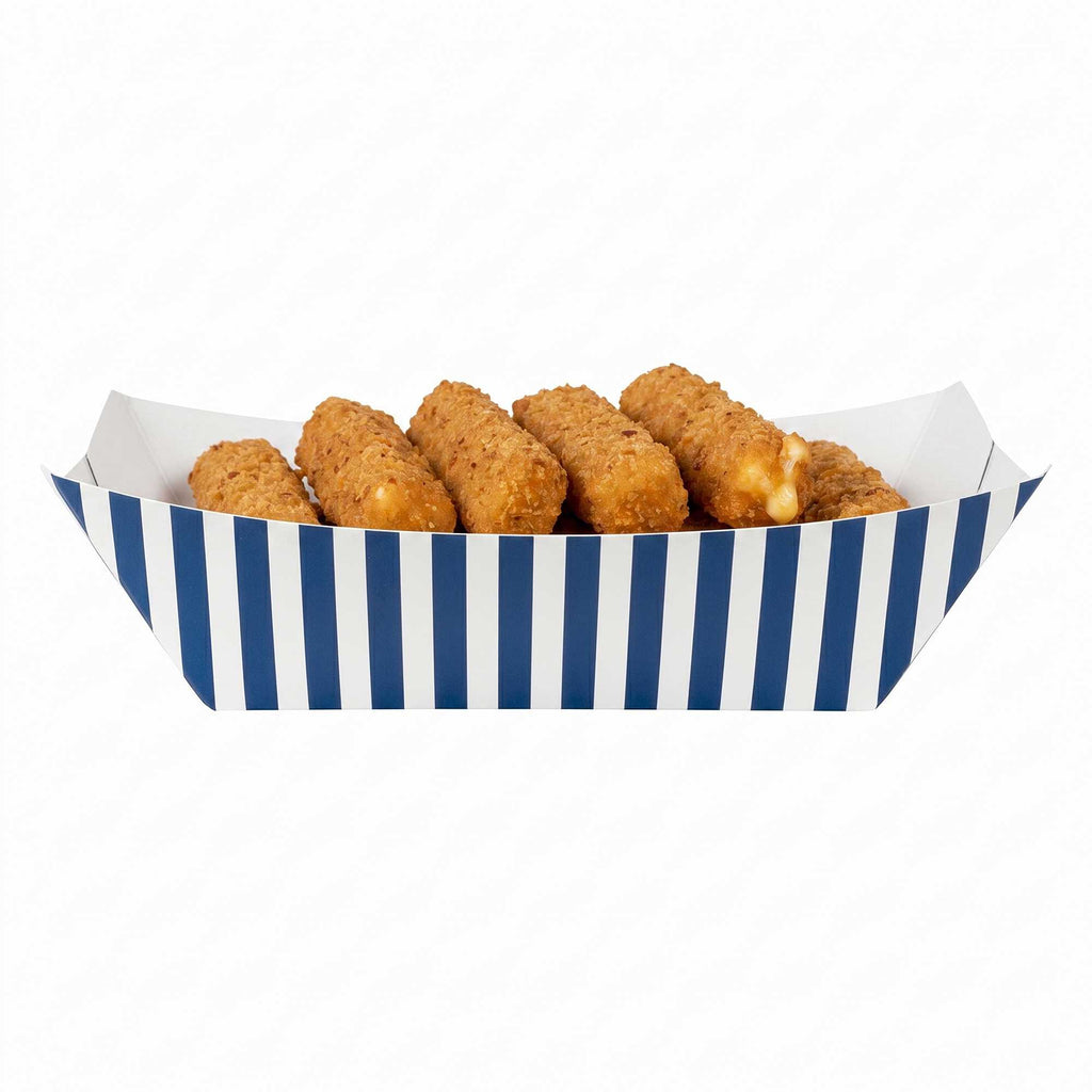 Bio Tek 1 lb Blue and White Stripe Paper #100 Food Tray / Boat - 5 1/2" x 3 1/2" x 2" - 200 count box