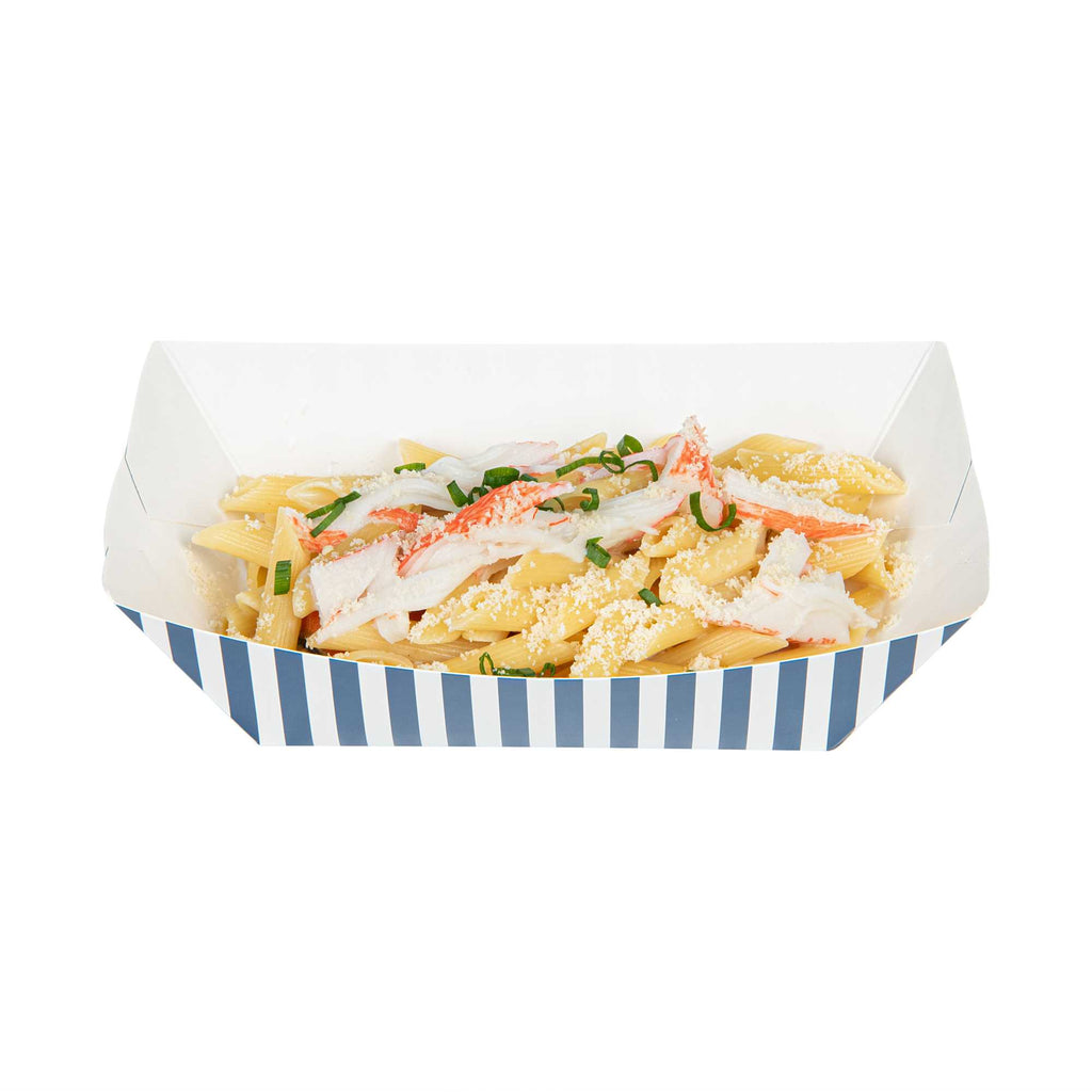 Bio Tek 1 lb Blue and White Stripe Paper #100 Food Tray / Boat - 5 1/2" x 3 1/2" x 2" - 200 count box