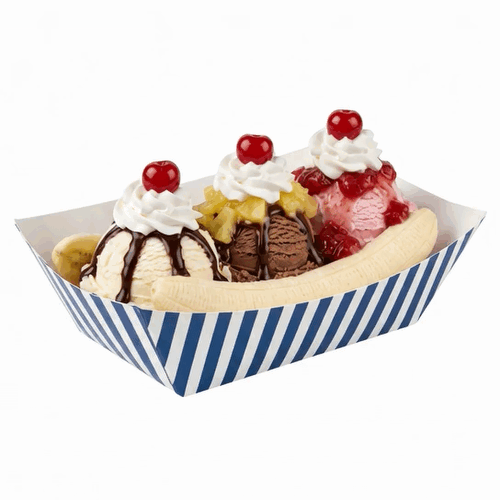 Bio Tek 1 lb Blue and White Stripe Paper #100 Food Tray / Boat - 5 1/2" x 3 1/2" x 2" - 200 count box