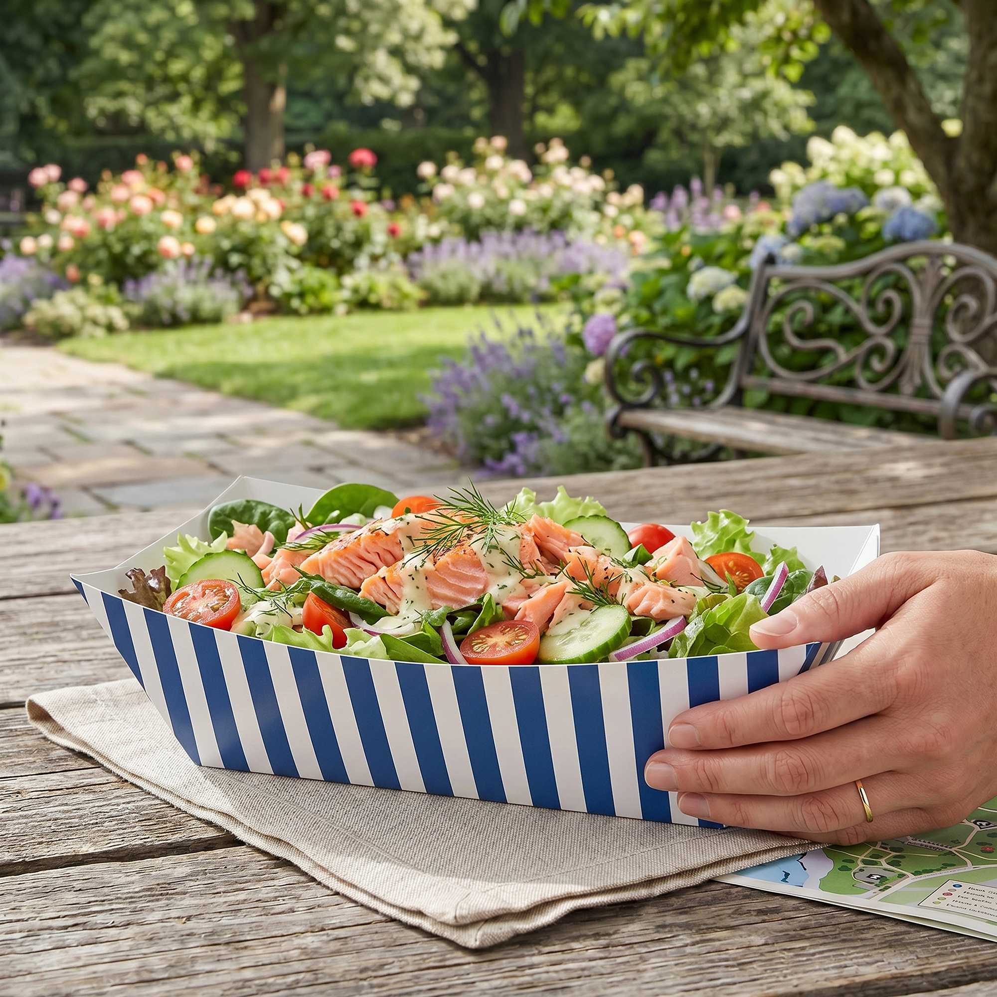 Bio Tek 1 lb Blue and White Stripe Paper #100 Food Tray / Boat - 5 1/2" x 3 1/2" x 2" - 200 count box