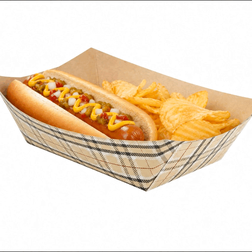 Bio Tek 1 lb Plaid Paper #100 Food Tray / Boat - 5 1/2" x 3 1/2" x 2" - 200 count box