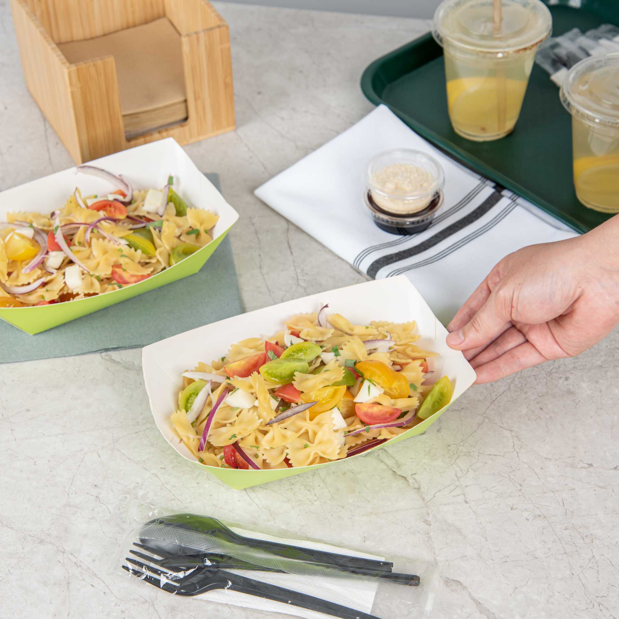 Bio Tek 1 lb Eco Green Paper #100 Food Tray / Boat - 5 1/2" x 3 1/2" x 2" - 200 count box