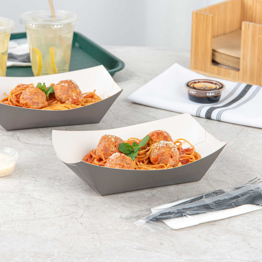 Bio Tek 1 lb Gray Paper #100 Food Tray / Boat - 5 1/2" x 3 1/2" x 2" - 50 count box