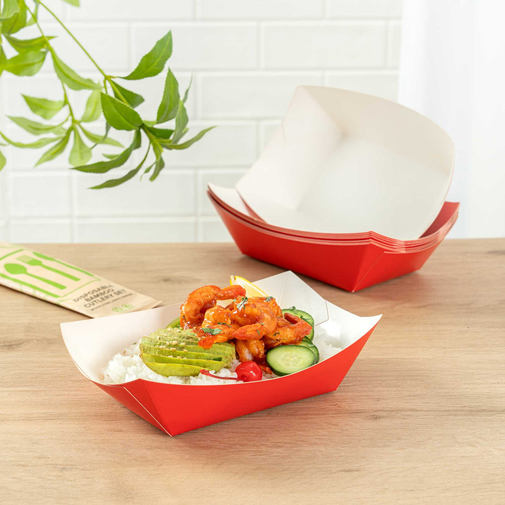 Bio Tek 1 lb Red Paper #100 Food Tray / Boat - 5 1/2" x 3 1/2" x 2" - 50 count box