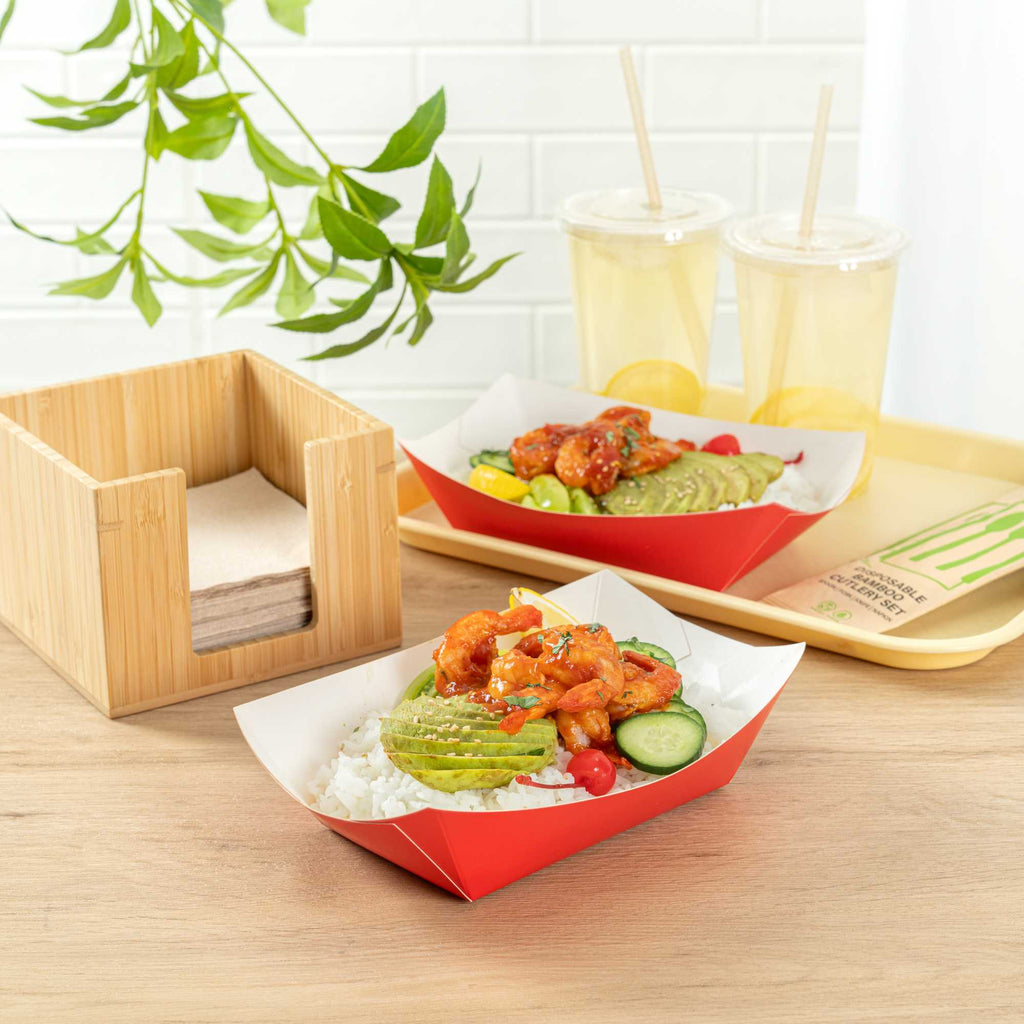 Bio Tek 1 lb Red Paper #100 Food Tray / Boat - 5 1/2" x 3 1/2" x 2" - 50 count box