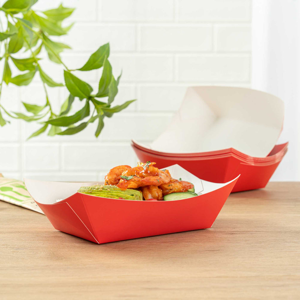 Bio Tek 1 lb Red Paper #100 Food Tray / Boat - 5 1/2" x 3 1/2" x 2" - 200 count box