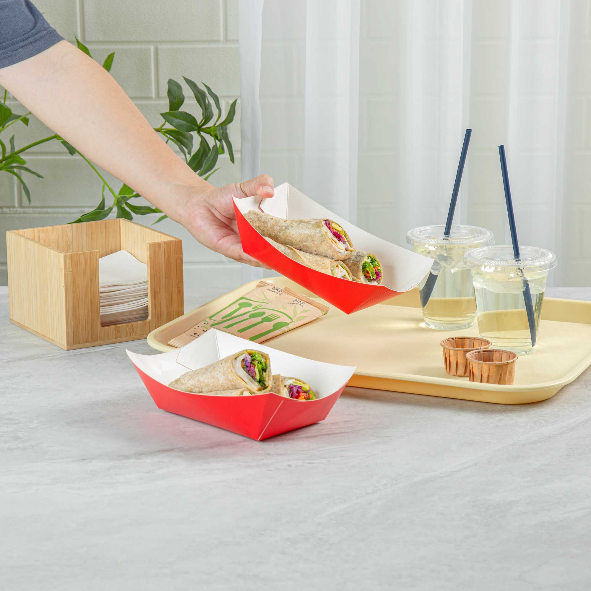 Bio Tek 1 lb Red Paper #100 Food Tray / Boat - 5 1/2" x 3 1/2" x 2" - 200 count box