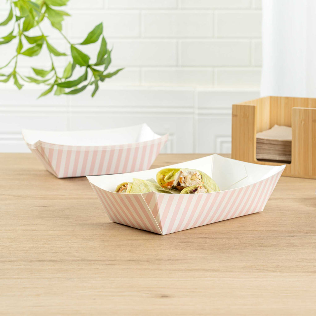 Bio Tek 2 lb Pink and White Stripe Paper #200 Food Tray / Boat - 6 1/2" x 3 3/4" x 2 1/4" - 200 count box