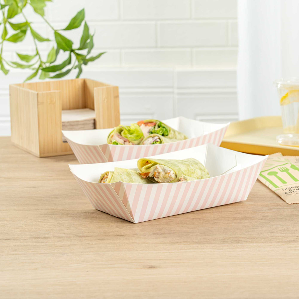 Bio Tek 2 lb Pink and White Stripe Paper #200 Food Tray / Boat - 6 1/2" x 3 3/4" x 2 1/4" - 200 count box