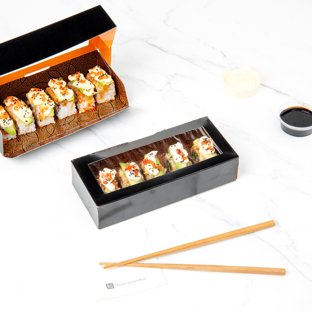 Sakura Vision Black Paper Medium Window Sushi Box - 8" x 3 1/2" x 1 3/4" - 50 count box