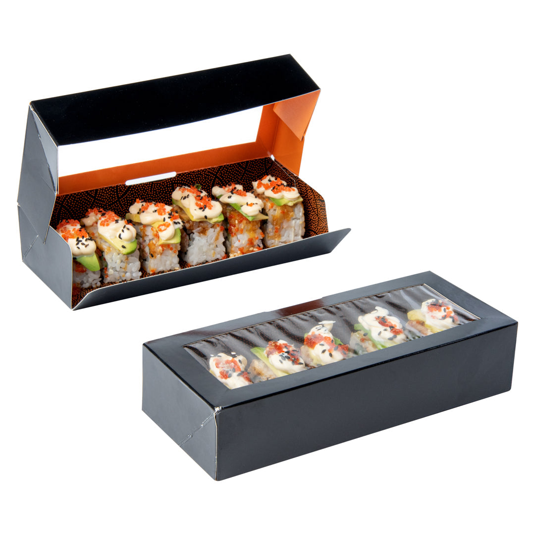 Sakura Vision Black Paper Medium Window Sushi Box - 8" x 3 1/2" x 1 3/4" - 200 count box
