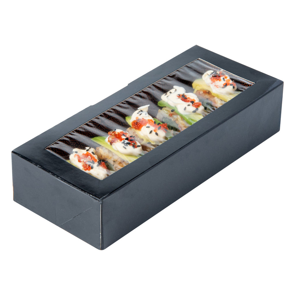 Sakura Vision Black Paper Medium Window Sushi Box - 8" x 3 1/2" x 1 3/4" - 200 count box