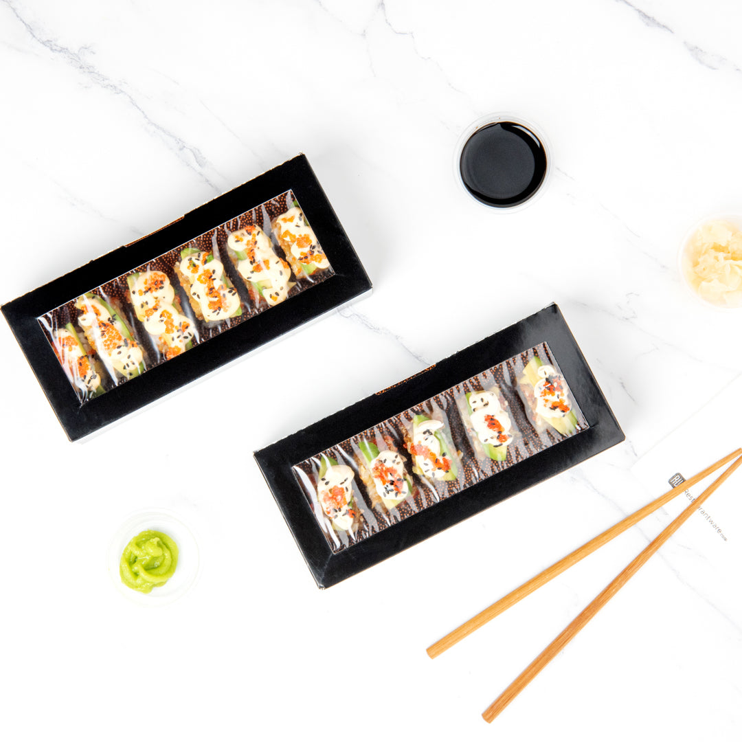 Sakura Vision Black Paper Medium Window Sushi Box - 8" x 3 1/2" x 1 3/4" - 200 count box