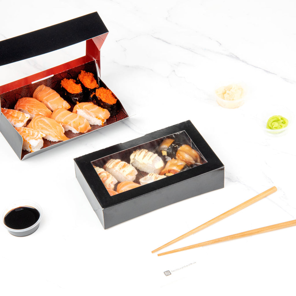 Sakura Vision Black Paper Large Window Sushi Box - 8" x 4 3/4" x 1 3/4" - 50 count box