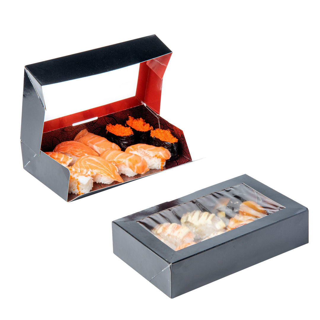 Sakura Vision Black Paper Large Window Sushi Box - 8" x 4 3/4" x 1 3/4" - 50 count box