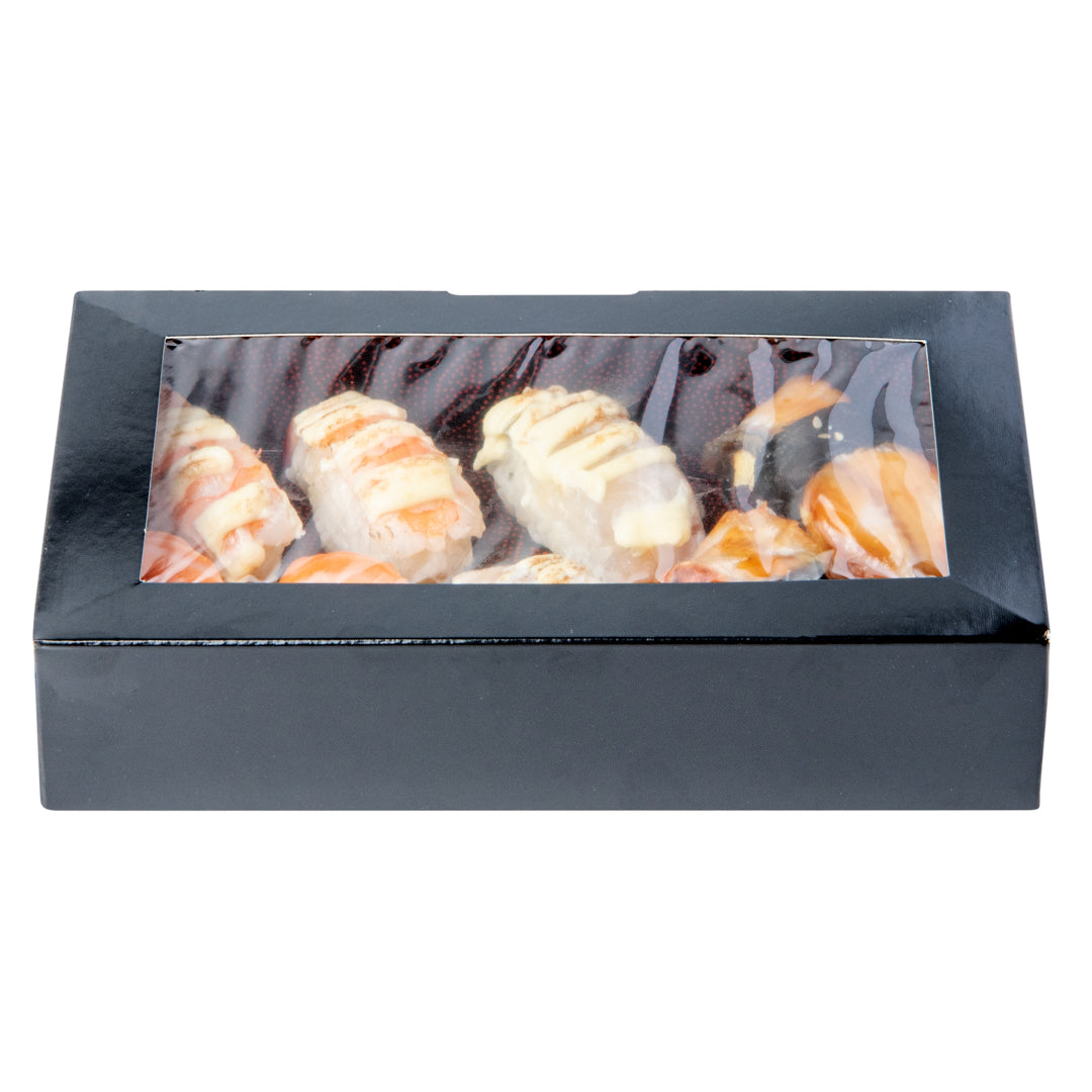 Sakura Vision Black Paper Large Window Sushi Box - 8" x 4 3/4" x 1 3/4" - 50 count box