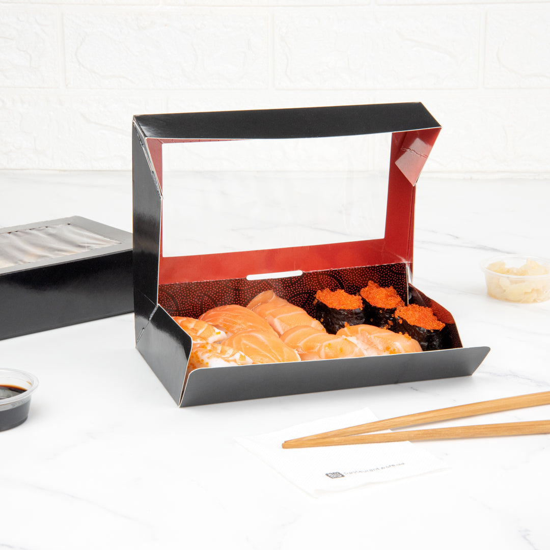 Sakura Vision Black Paper Large Window Sushi Box - 8" x 4 3/4" x 1 3/4" - 50 count box