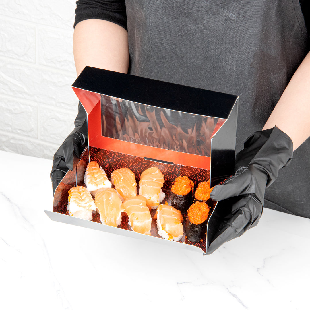 Sakura Vision Black Paper Large Window Sushi Box - 8" x 4 3/4" x 1 3/4" - 50 count box