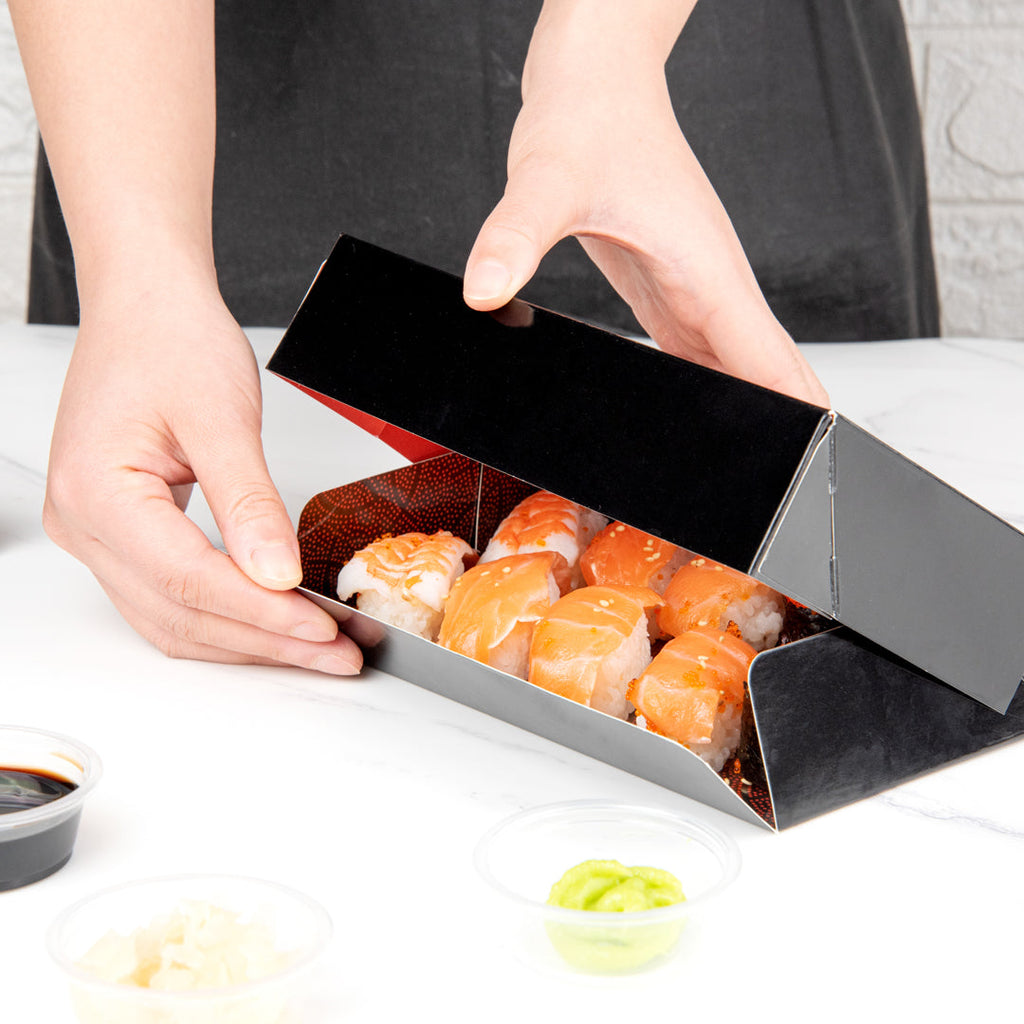 Sakura Vision Black Paper Large Window Sushi Box - 8" x 4 3/4" x 1 3/4" - 50 count box