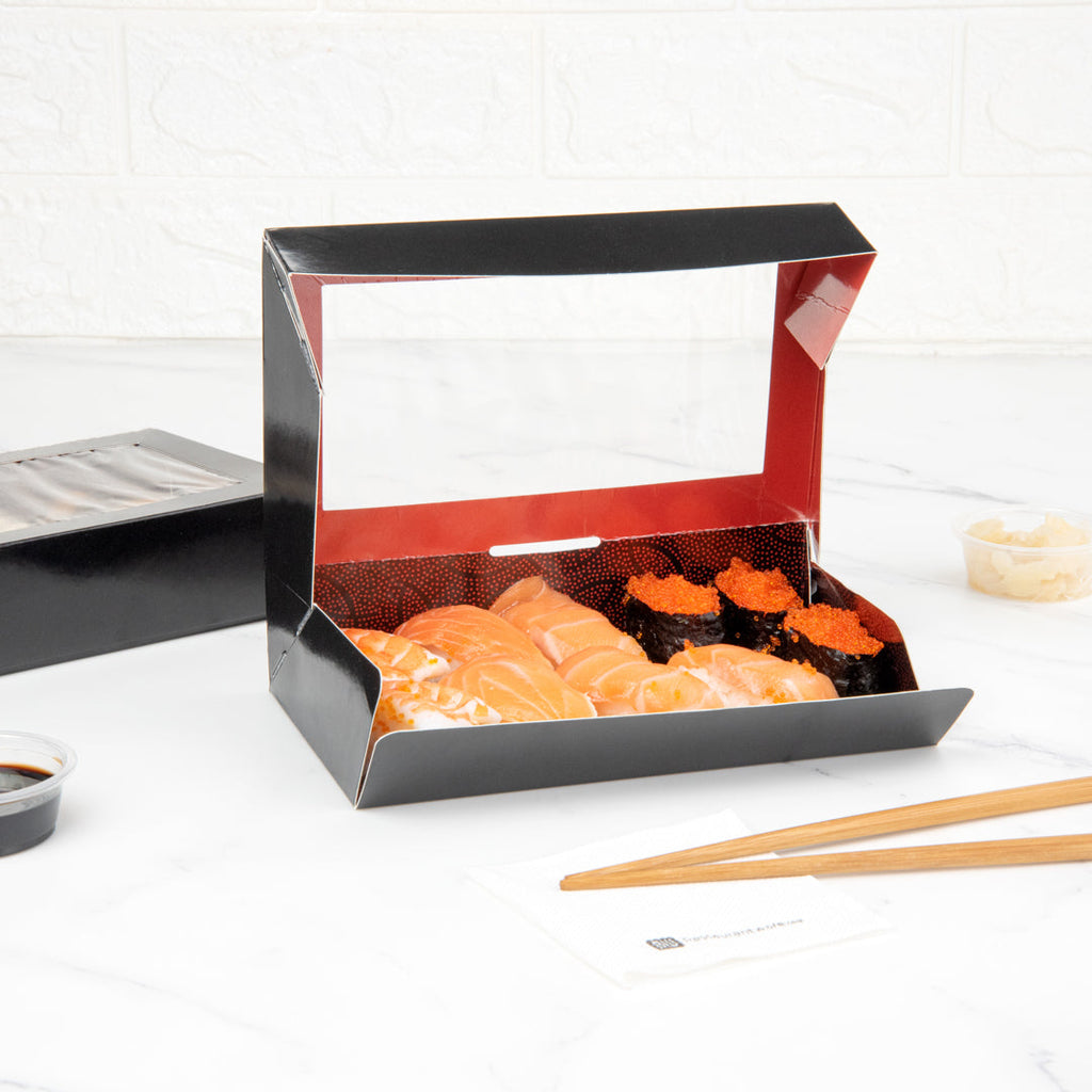 Sakura Vision Black Paper Large Window Sushi Box - 8" x 4 3/4" x 1 3/4" - 200 count box