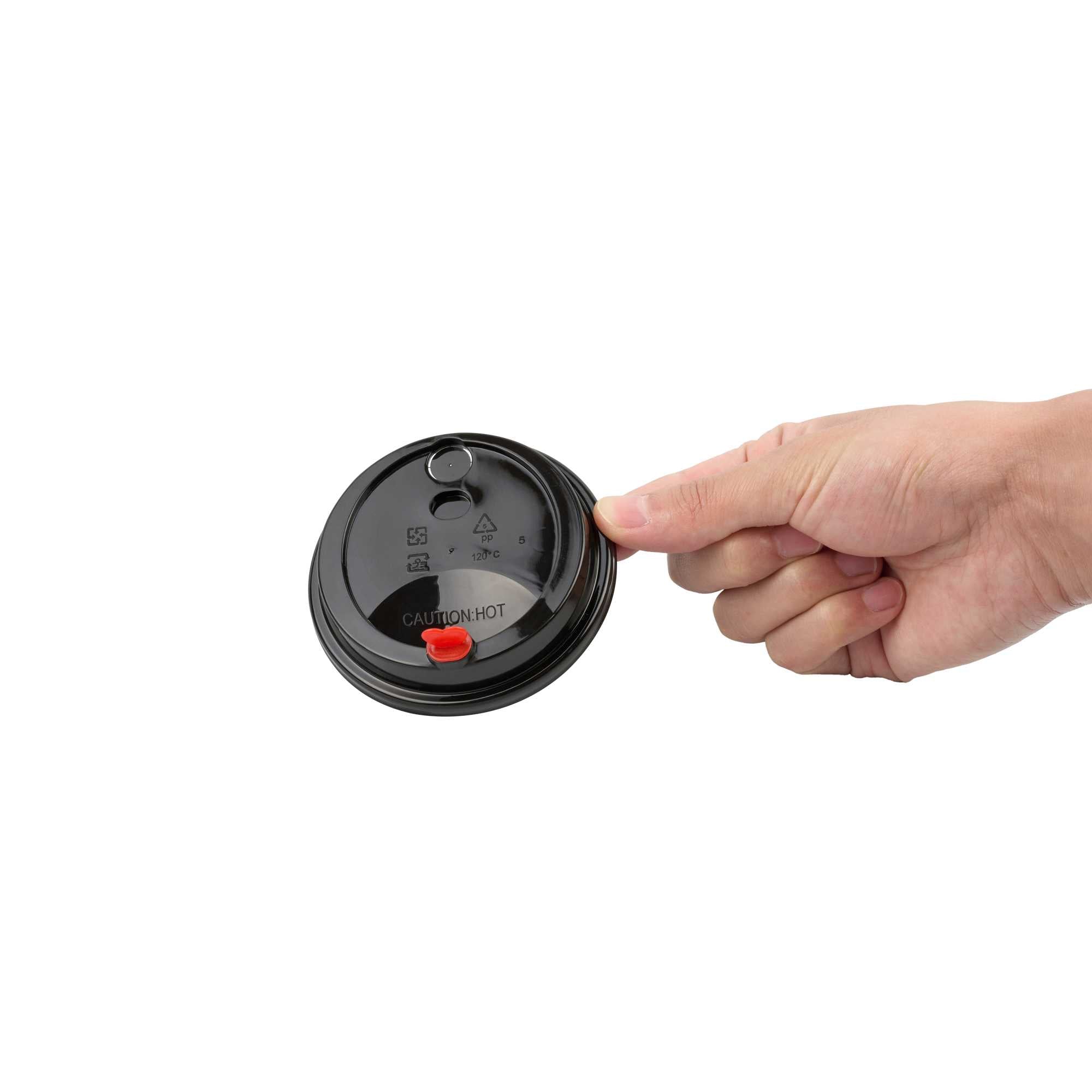 Restpresso Black Plastic Coffee Cup Lid - Fits 8, 12, 16 and 20 oz, with Red Heart Plug - 500 count box