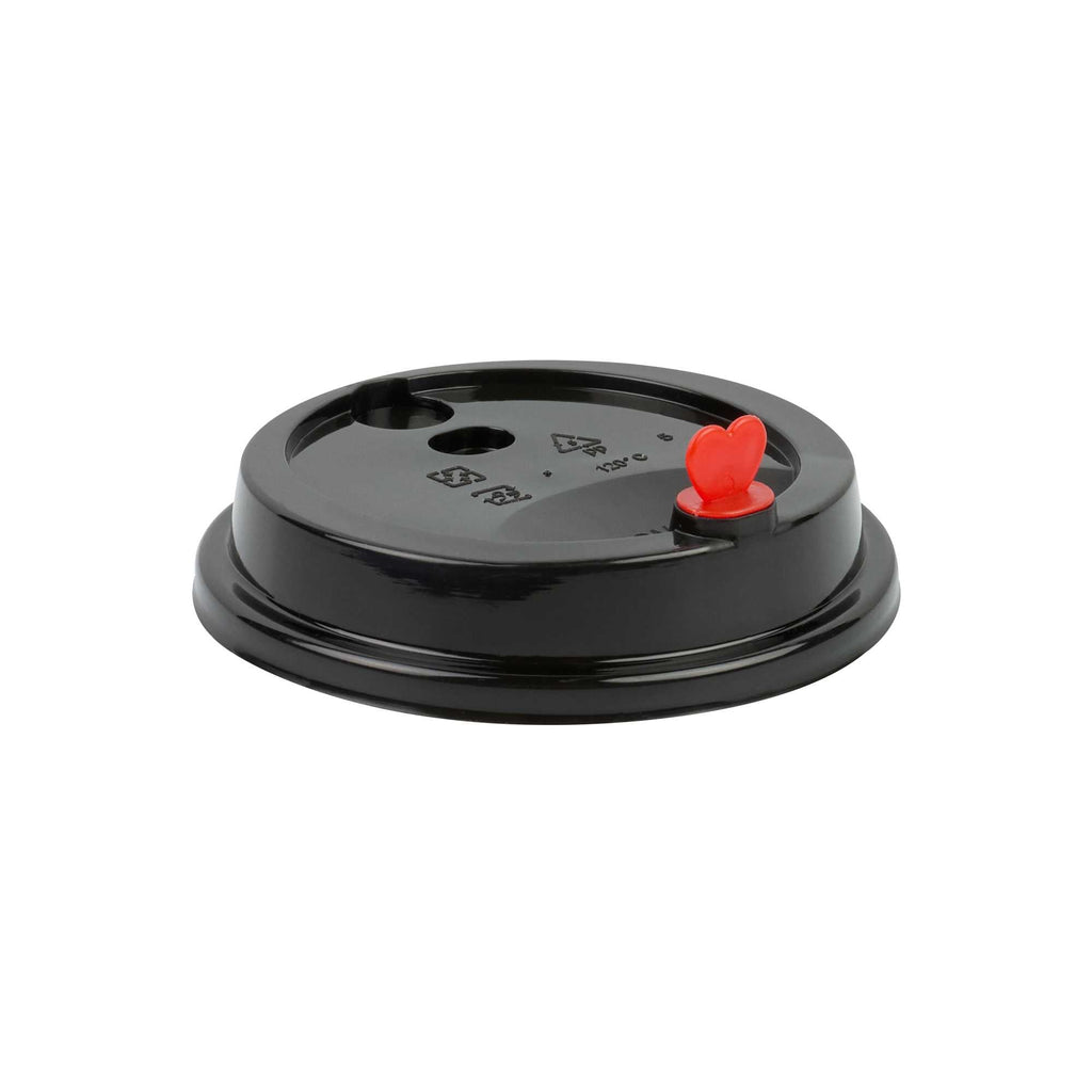 Restpresso Black Plastic Coffee Cup Lid - Fits 8, 12, 16 and 20 oz, with Red Heart Plug - 500 count box