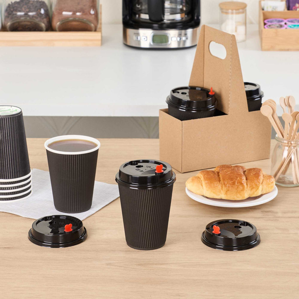 Restpresso Black Plastic Coffee Cup Lid - Fits 8, 12, 16 and 20 oz, with Red Heart Plug - 500 count box