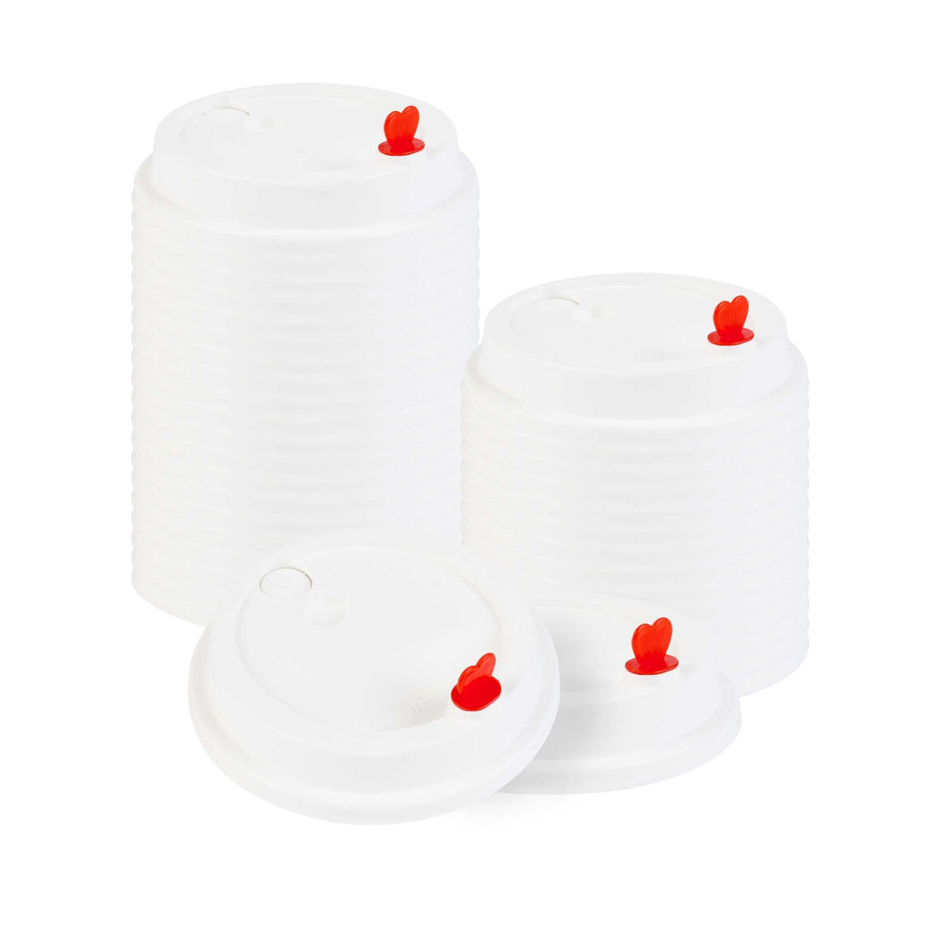 Restpresso White Plastic Coffee Cup Lid - Fits 8, 12, 16 and 20 oz, with Red Heart Plug - 50 count box