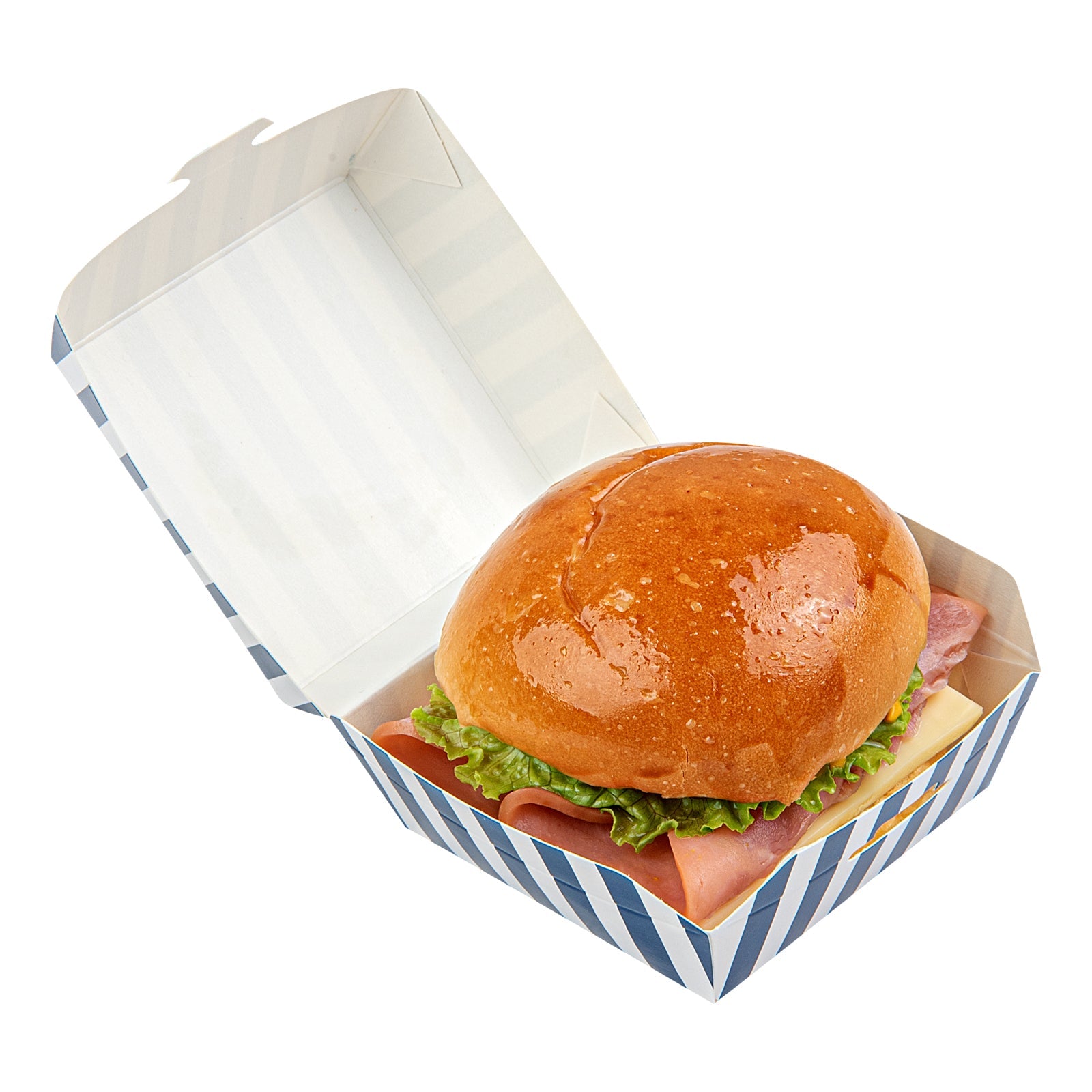 Bio Tek Blue and White Stripe Paper Mini Burger Box - 2 3/4" x 2 3/4" x 2" - 100 count box