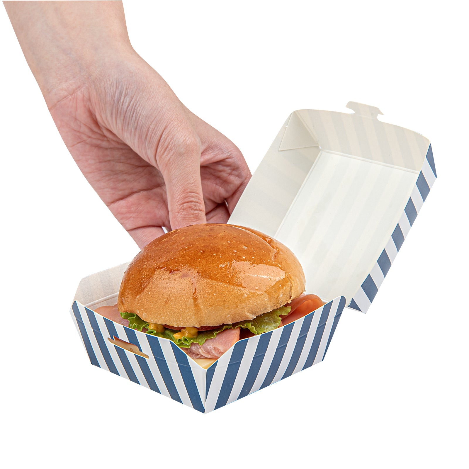 Bio Tek Blue and White Stripe Paper Mini Burger Box - 2 3/4" x 2 3/4" x 2" - 100 count box
