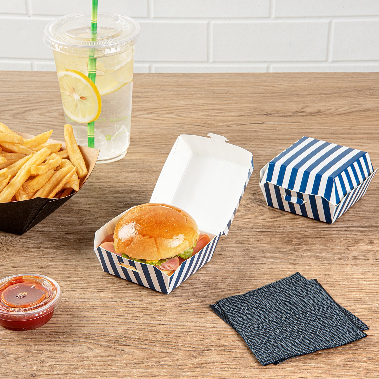 Bio Tek Blue and White Stripe Paper Mini Burger Box - 2 3/4" x 2 3/4" x 2" - 100 count box