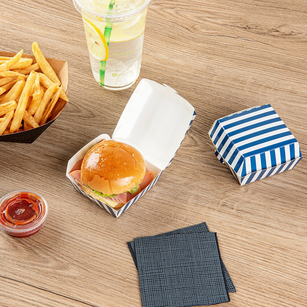 Bio Tek Blue and White Stripe Paper Mini Burger Box - 2 3/4" x 2 3/4" x 2" - 100 count box