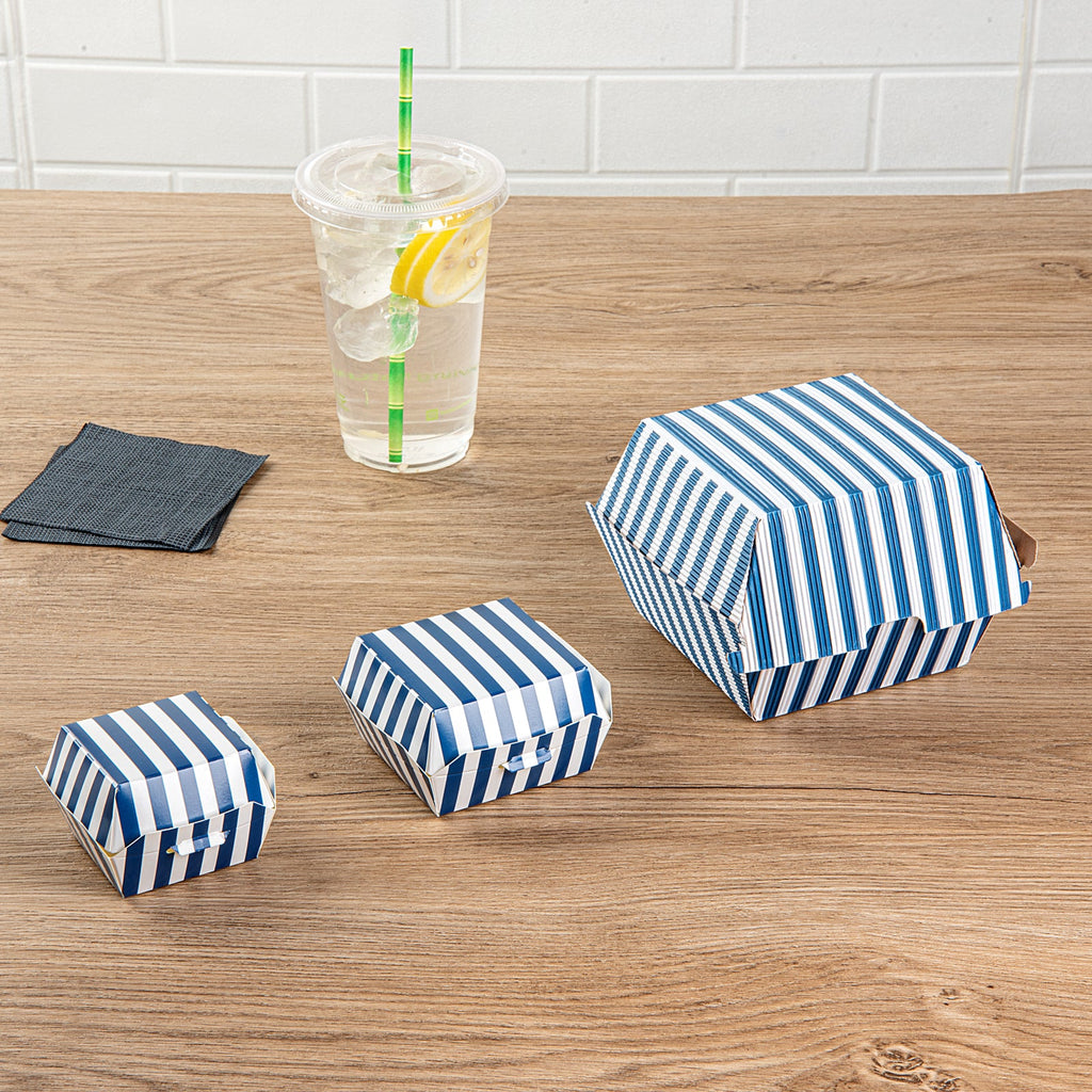 Bio Tek Blue and White Stripe Paper Mini Burger Box - 2 3/4" x 2 3/4" x 2" - 100 count box