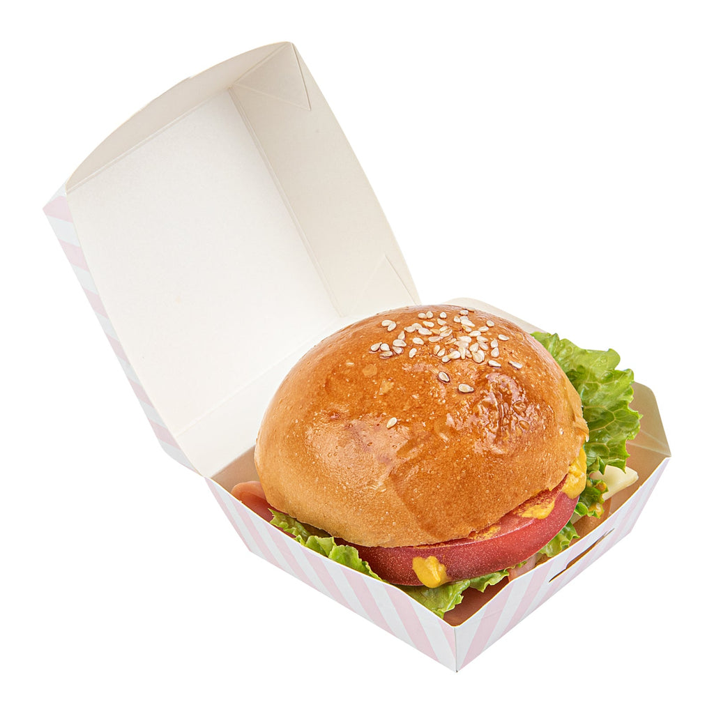 Bio Tek Pink and White Stripe Paper Mini Burger Box - 2 3/4" x 2 3/4" x 2" - 100 count box