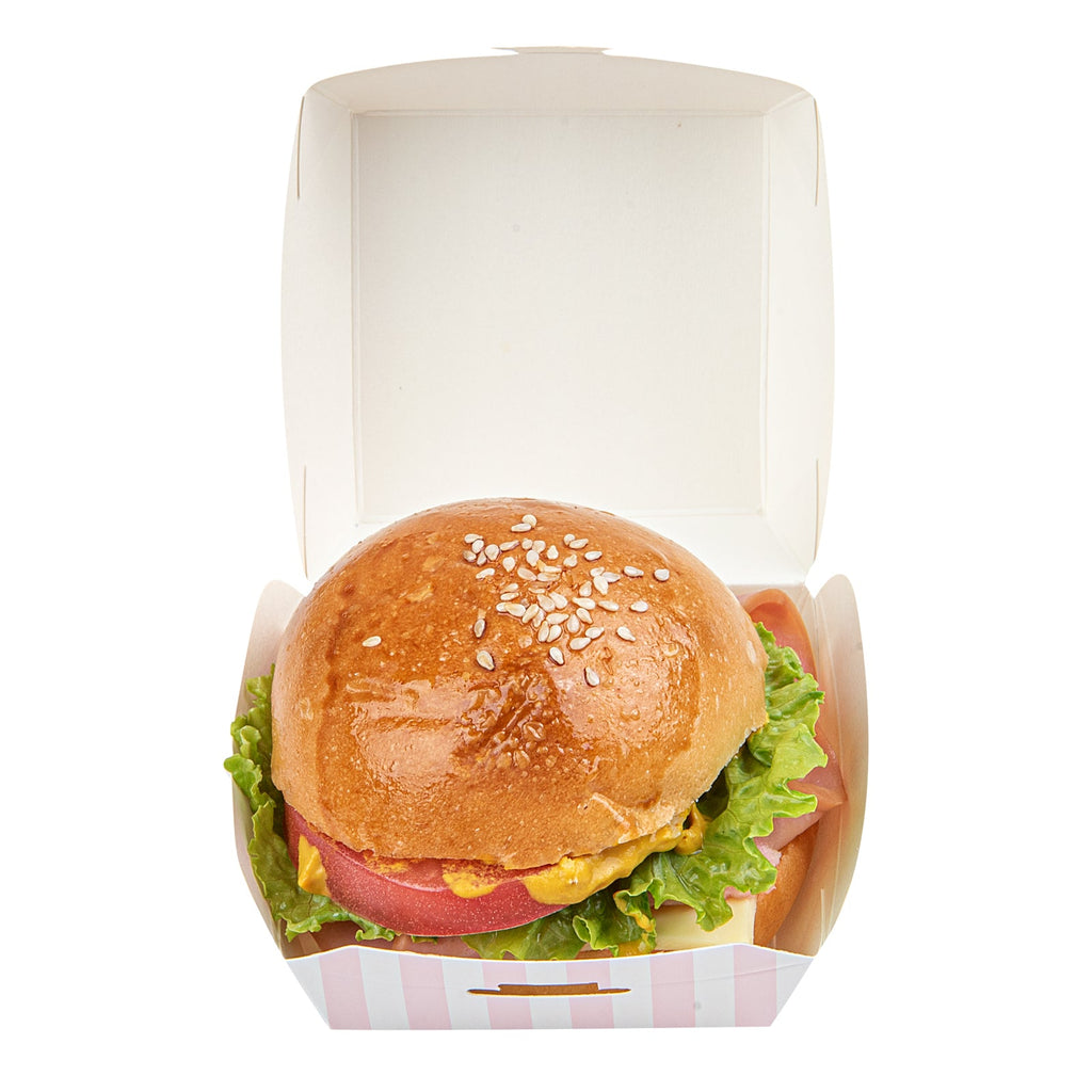 Bio Tek Pink and White Stripe Paper Mini Burger Box - 2 3/4" x 2 3/4" x 2" - 100 count box