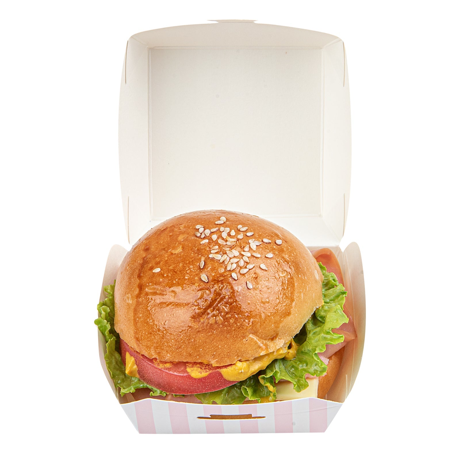 Bio Tek Pink and White Stripe Paper Mini Burger Box - 2 3/4" x 2 3/4" x 2" - 100 count box