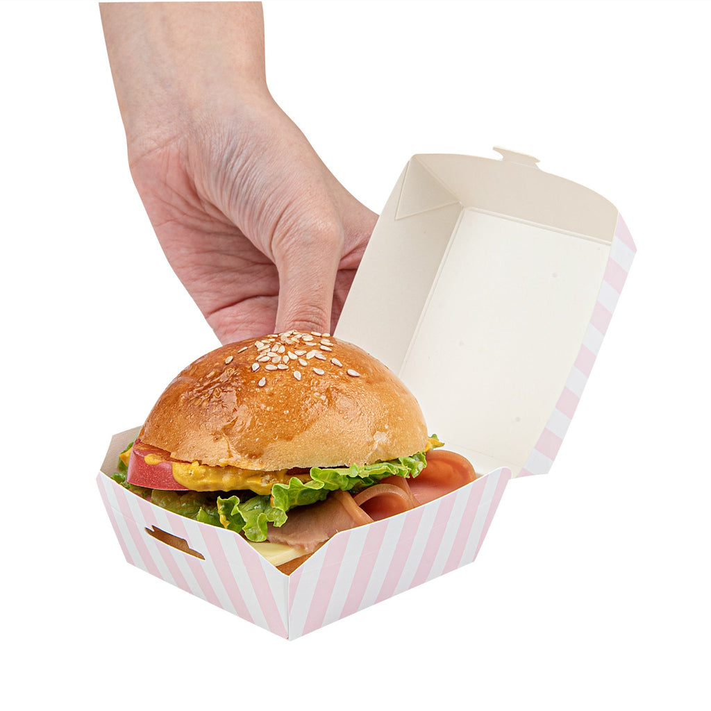 Bio Tek Pink and White Stripe Paper Mini Burger Box - 2 3/4" x 2 3/4" x 2" - 100 count box