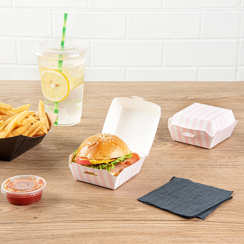 Bio Tek Pink and White Stripe Paper Mini Burger Box - 2 3/4" x 2 3/4" x 2" - 100 count box