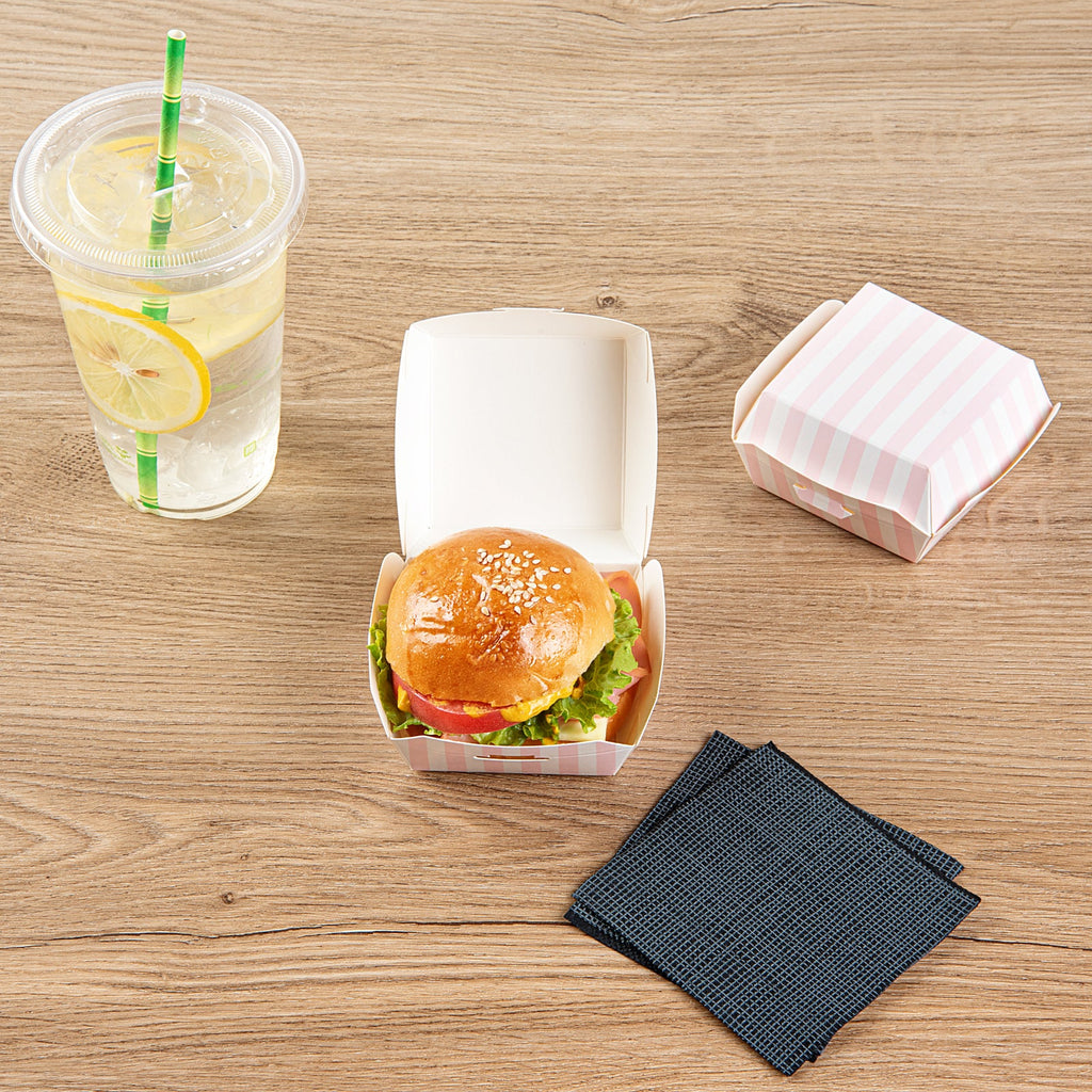 Bio Tek Pink and White Stripe Paper Mini Burger Box - 2 3/4" x 2 3/4" x 2" - 100 count box