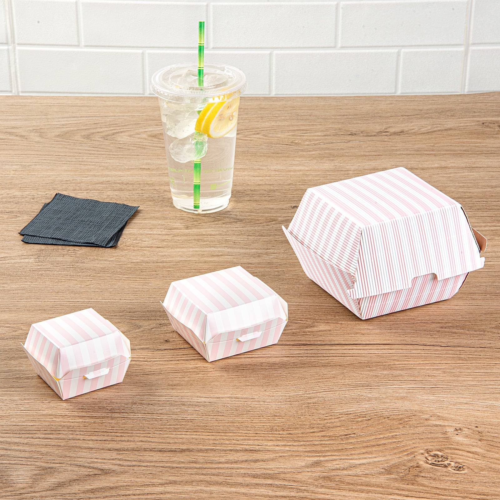 Bio Tek Pink and White Stripe Paper Mini Burger Box - 2 3/4" x 2 3/4" x 2" - 100 count box