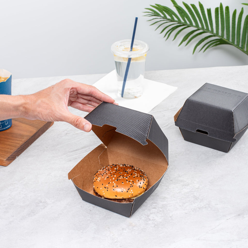 Bio Tek Black Paper Burger Box - Ripple Wall - 4" x 4" x 3 3/4" - 100 count box