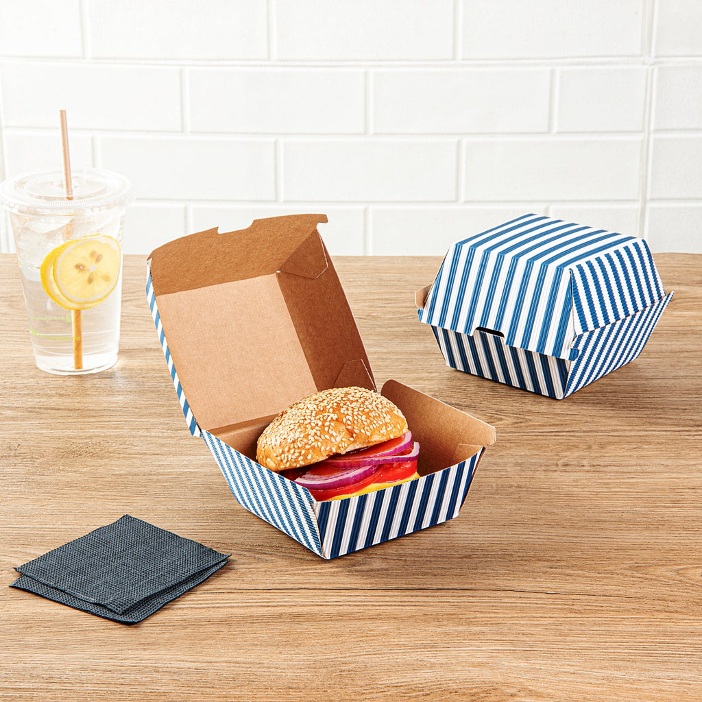 Bio Tek Blue and White Stripe Paper Burger Box - Ripple Wall - 4" x 4" x 3 3/4" - 100 count box